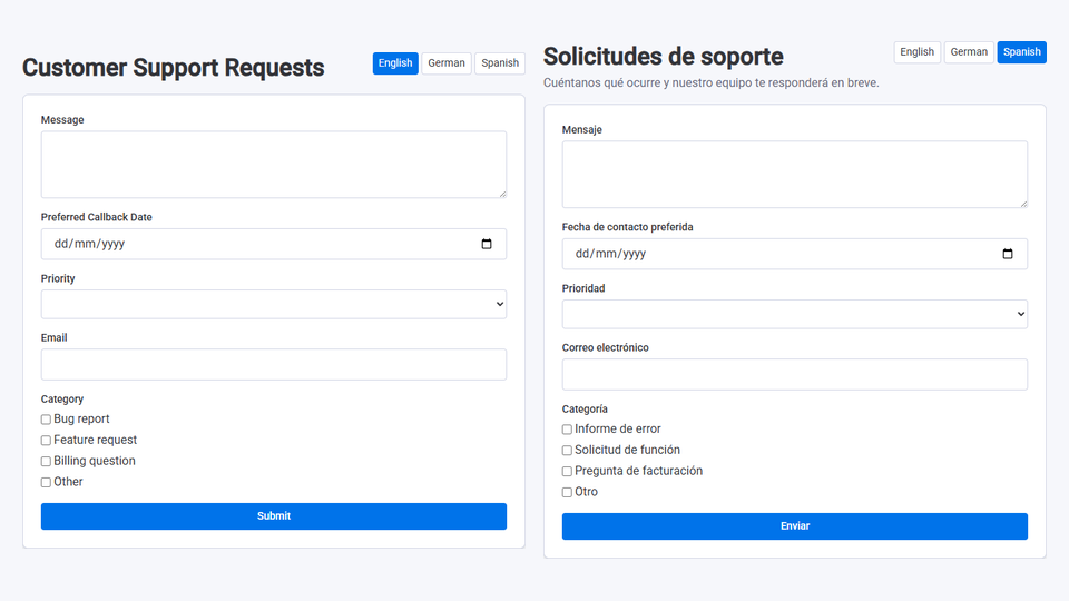 The same support request form shown side by side in English and Spanish, each with a language switcher